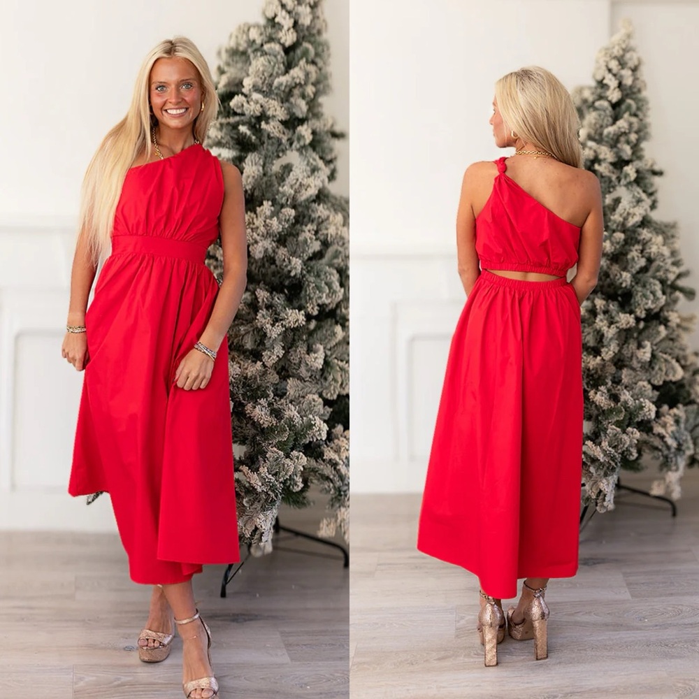 RED POPLIN ONE SHOULDER MAXI DRESS - MEET ME IN SANTORINI